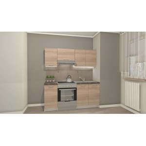 Zestaw mebli kuchennych t.b.t. z szafkami górnymi i dolnymi w kolorze drewna.