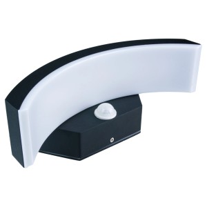 Nowoczesna zewnętrzna lampa ścienna LED w kolorze czarnym z czujnikiem ruchu.