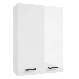 Biała szafka wisząca t.b.t. do zestawu mebli łazienkowych z dwoma drzwiami i czarnymi uchwytami.