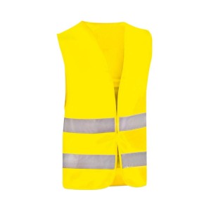 Żółta kamizelka odblaskowa z pasami odblaskowymi do pomocy drogowej i pierwszej pomocy.