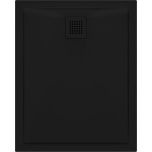 Czarny, prostokątny brodzik prysznicowy t.b.t. z kwadratowym odpływem.