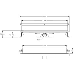 Rysunek techniczny: t.b.t. odpływ ścienny do prysznica z wymiarami.