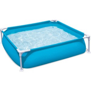 Niebieski basenik dla dzieci ze stalową ramą. Idealny do zabawy i ochłody latem.