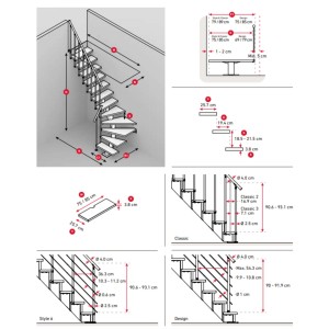 Rysunek techniczny schodów spiralnych z wymiarami do wnętrz.