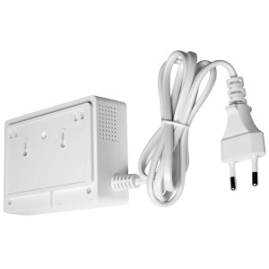 Biały sygnalizator t.b.t. z kablem i wtyczką do systemów alarmowych.