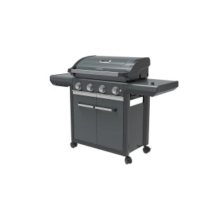 Szary grill gazowy z czterema palnikami i szafką.