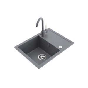 Szary zlewozmywak granitowy t.b.t. z baterią i ociekaczem.