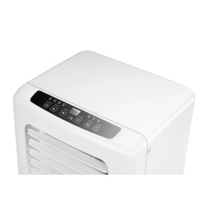 Biały, przenośny klimatyzator t.b.t. z panelem sterowania i otworami wentylacyjnymi.