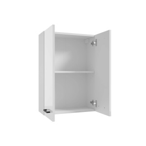 Biała szafka wisząca z zestawu mebli łazienkowych t.b.t. z dwiema otwartymi przegródkami.