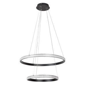 Nowoczesna lampa wisząca LED z dwoma pierścieniami i delikatnymi detalami.