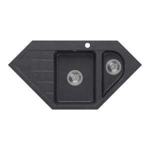 Zlewozmywak narożny: Granitowy zlewozmywak z ociekaczem i komorą w kolorze antracytowym.