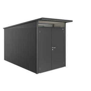 Metalowy domek narzędziowy Biohort AvantGarde A4 w kolorze ciemnoszarym z podwójnymi drzwiami.