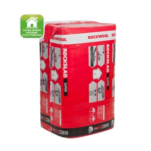 Zapakowana wełna mineralna Rockwool ROCKSLAB Super, czerwone opakowanie.