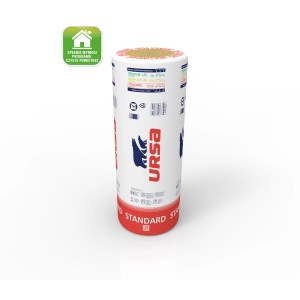 Rolka wełny mineralnej Ursa Standard, białe opakowanie z czerwonym logo Ursa.