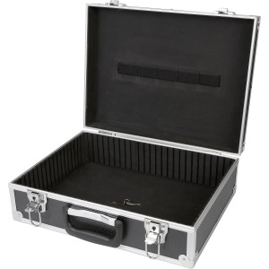 Otwarta walizka na narzędzia LUX AKW 130 z aluminiową ramą i uchwytem na narzędzia.