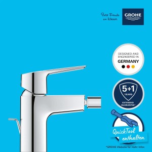 Bateria bidetowa Grohe QuickFix Start, chrom, z funkcją oszczędzania wody i QuickTool ułatwiającym montaż.