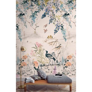 t.b.t. Tapeta dekoracyjna z żurawiami, kwiatami i ptakami.