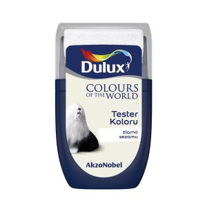 Tester koloru Dulux „Ziarno Sezamu”: Odcień koloru w ciemnym plastikowym opakowaniu.