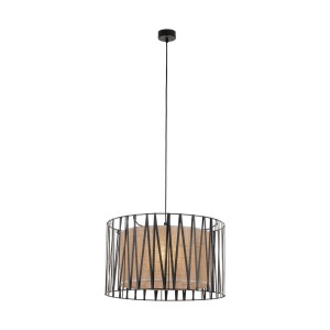 Nowoczesna lampa wisząca t.b.t. z czarną metalową ramą i beżowym abażurem.