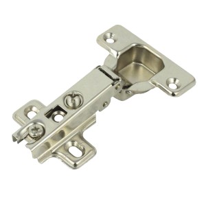 Metalowy zawias meblowy ze śrubami do montażu.