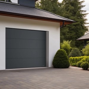 Nowoczesna, szara brama garażowa t.b.t. w fasadzie domu. Prosty design.