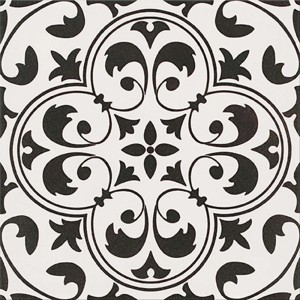 Dekoracyjna płytka podłogowa z kwiatowym wzorem w kolorze czarno-białym.