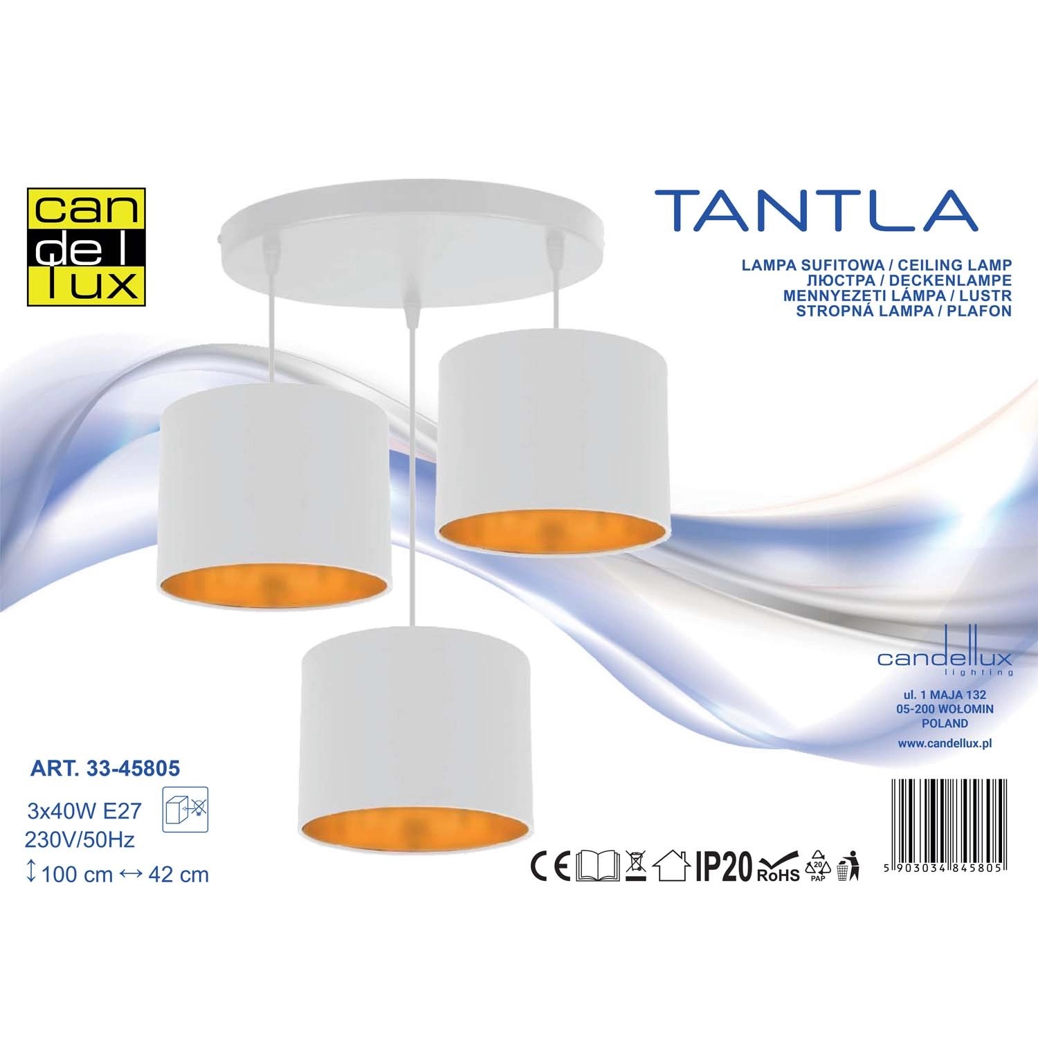 Candellux Lampa wisząca TANTLA 3xE27 40W biała