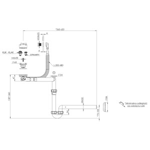 Rysunek techniczny syfonu umywalkowego z wymiarami.