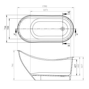 Rysunek techniczny wanny wolnostojącej t.b.t. z wymiarami.