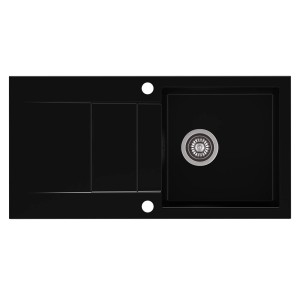 Czarny zlewozmywak granitowy t.b.t. z ociekaczem i komorą.