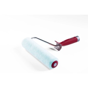 Wałek malarski t.b.t. z jasnoniebieskim wkładem i czerwoną rączką.