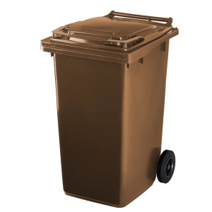 Brązowy pojemnik na odpady z pokrywą i kołami do usuwania odpadów.