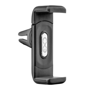 Czarny uchwyt na telefon komórkowy t.b.t. do kratki wentylacyjnej w samochodzie.