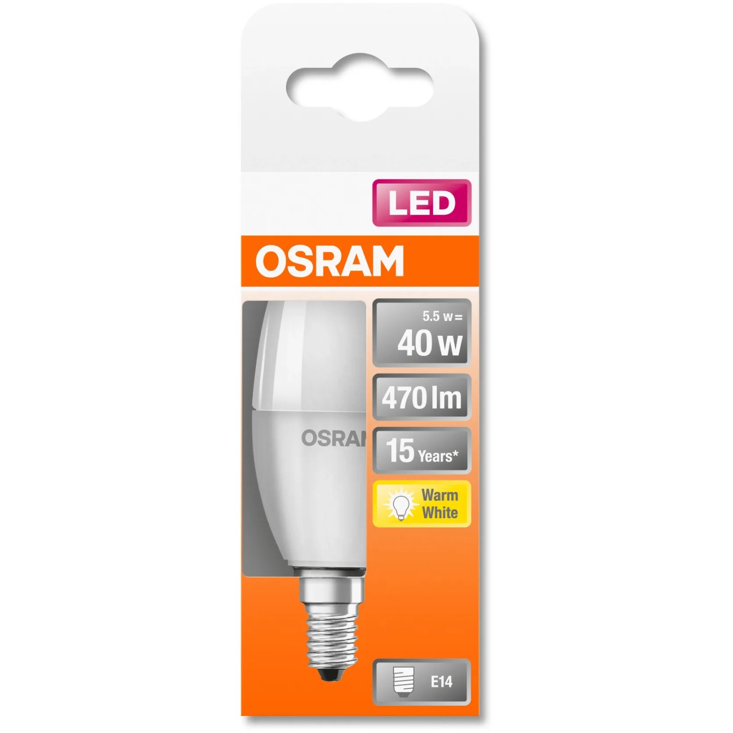 Żarówka LED Osram E14 w kształcie świeczki, 4,9W, ciepła biel, 470lm. Zdjęcie opakowania.