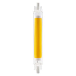 Żarówka LED R7S t.b.t. z żółtawym światłem.