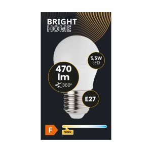 Żarówka LED E27, 5,5W, 470 lumenów, 3000K, ciepłe białe światło.