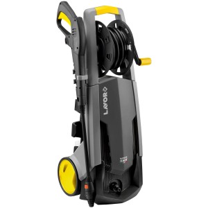 Szara myjka ciśnieniowa z żółtymi akcentami i zwijaczem węża.