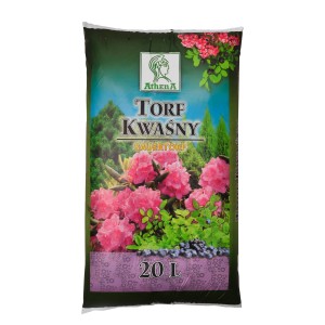 Worek torfu kwaśnego (20L) marki Athena A, odpowiedni dla roślin wrzosowiskowych.