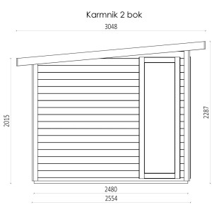Rysunek techniczny domku drewnianego t.b.t. z wymiarami.
