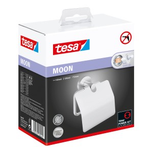 Opakowanie uchwytu na papier toaletowy z pokrywką Tesa Moon, chromowany, do montażu na ścianie bez wiercenia.