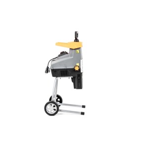 Elektryczny rozdrabniacz ogrodowy z kołami, szary i żółty.