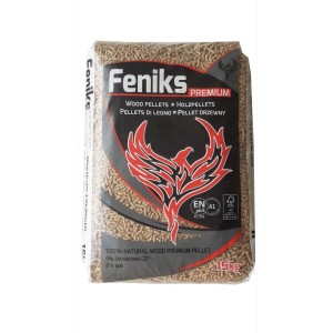 Worek pelletu drzewnego Feniks Premium, 15kg, do użytku jako paliwo.