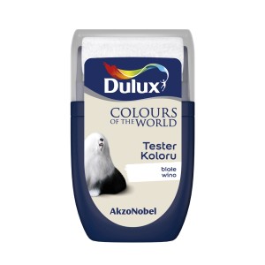 Tester koloru Dulux „Białe Wino“: Wałek do malowania ścian w kolorze niebiesko-białym z polem koloru.