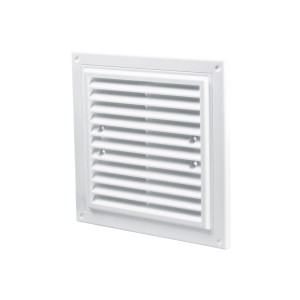 Biała kwadratowa kratka wentylacyjna do montażu na ścianie.