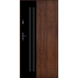 Nowoczesne drzwi zewnętrzne z efektem drewna i czarnymi akcentami.