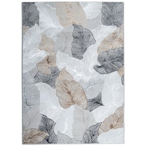 Dywan z krótkim włosiem z abstrakcyjnym wzorem liści w odcieniach szarości, bieli i brązu.