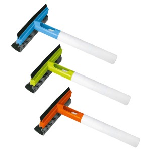 Trzy ściągaczki do okien w kolorze niebieskim, zielonym i pomarańczowym do czyszczenia. Akcesoria do pielęgnacji okien.