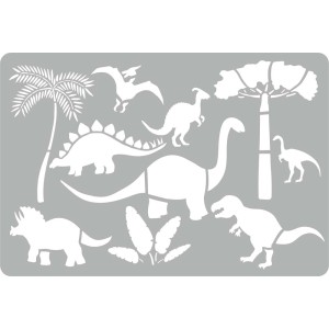 Szary szablon ścienny z dinozaurami i palmami do pokoju dziecięcego.