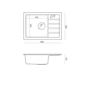 Rysunek techniczny zlewozmywaka granitowego t.b.t. z wymiarami.