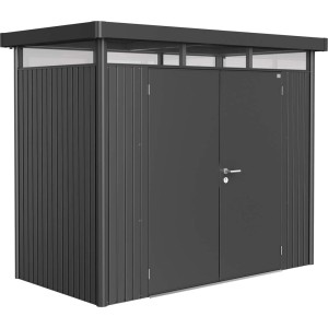 Metalowy domek narzędziowy Biohort HighLine, ciemnoszary metalik, 3,5 m² z podwójnymi drzwiami.